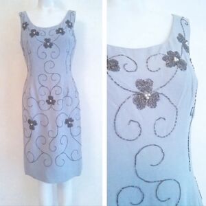 50s 60s beaded sheath stone blue with silver Flowers cocktail Dress